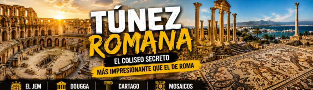 Banner panorámico de la Túnez romana con El Jem, Dougga, Cartago y mosaicos antiguos.