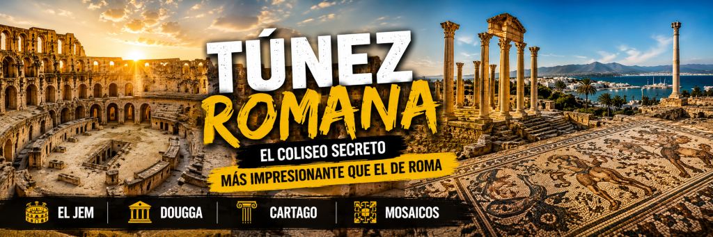 Banner panorámico de la Túnez romana con El Jem, Dougga, Cartago y mosaicos antiguos.