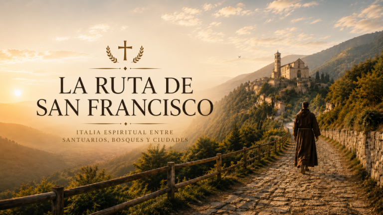 San Francisco de Asís caminando por un sendero de piedra entre montañas y bosques italianos, con una ciudad medieval y un santuario al fondo al atardecer. Imagen principal del artículo “La Ruta de San Francisco”, un viaje por santuarios, ciudades y lugares vinculados a su vida.